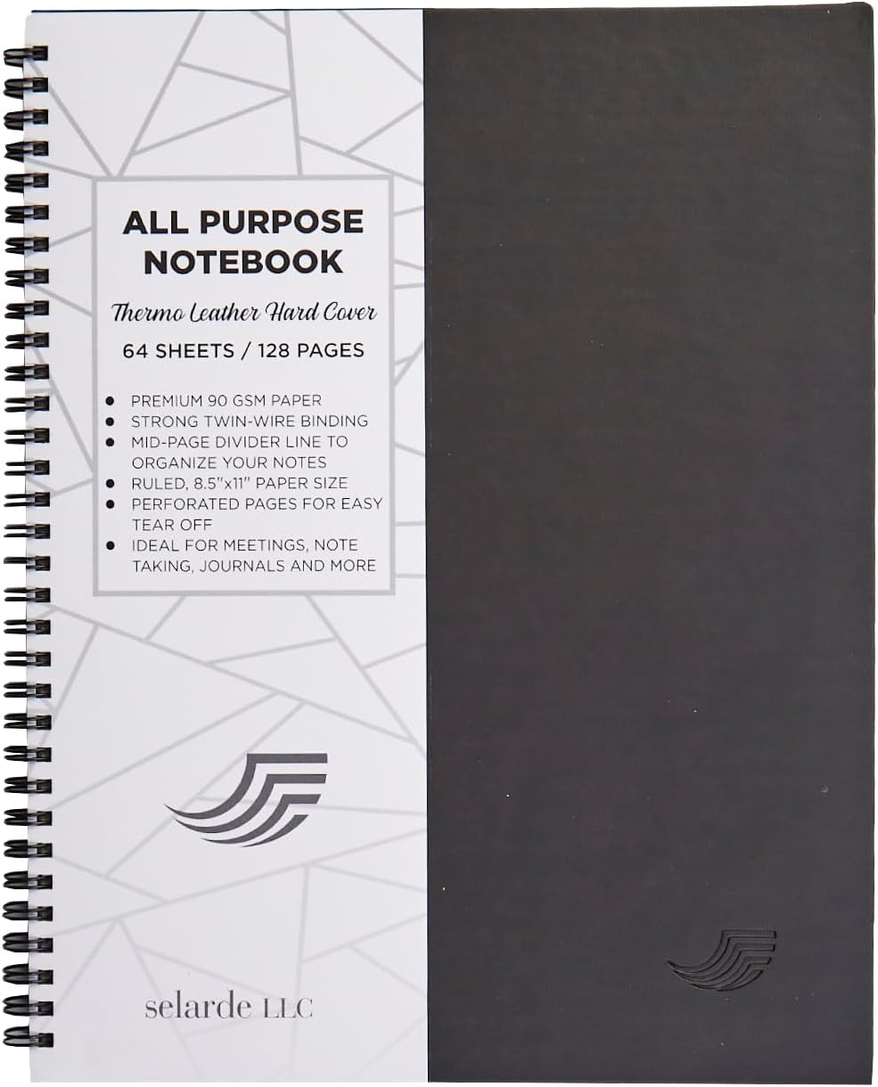 Selarde All Purpose Thermo Leather Hard Cover Notebook, 64 sheets/128 pages with Mid-Page Divider Line, 8.5 x 11 inches, 90 gsm paper, Twin-wire binding (Black)