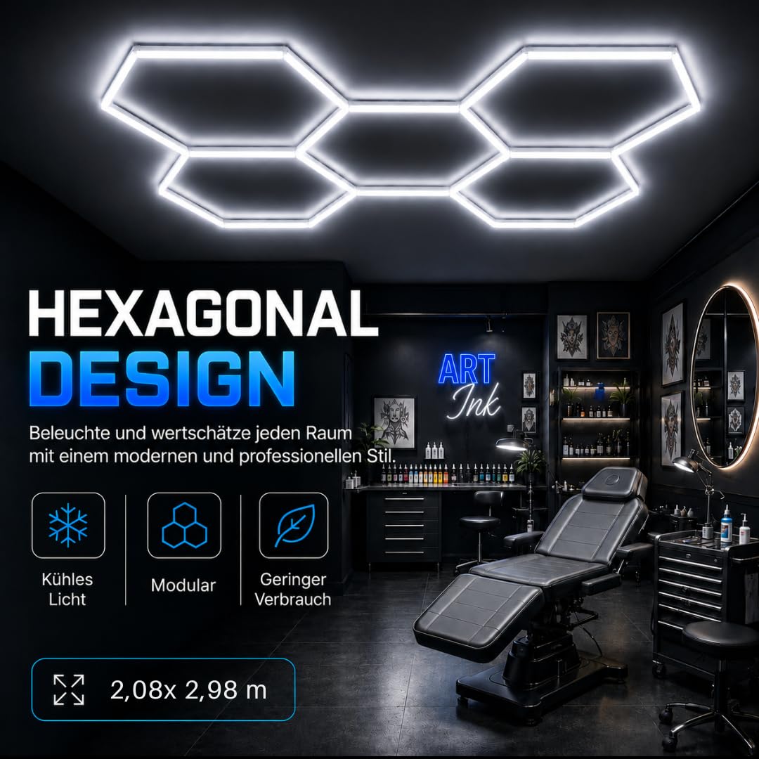 LED-Deckenleuchte, sechseckig, Wabenmuster, modulierbar, 26000 Lumen & 6500 K, für Garage, Werkstatt, Salon, Auto, Fitnessstudio und Barber Shop – [298 x 208 cm]