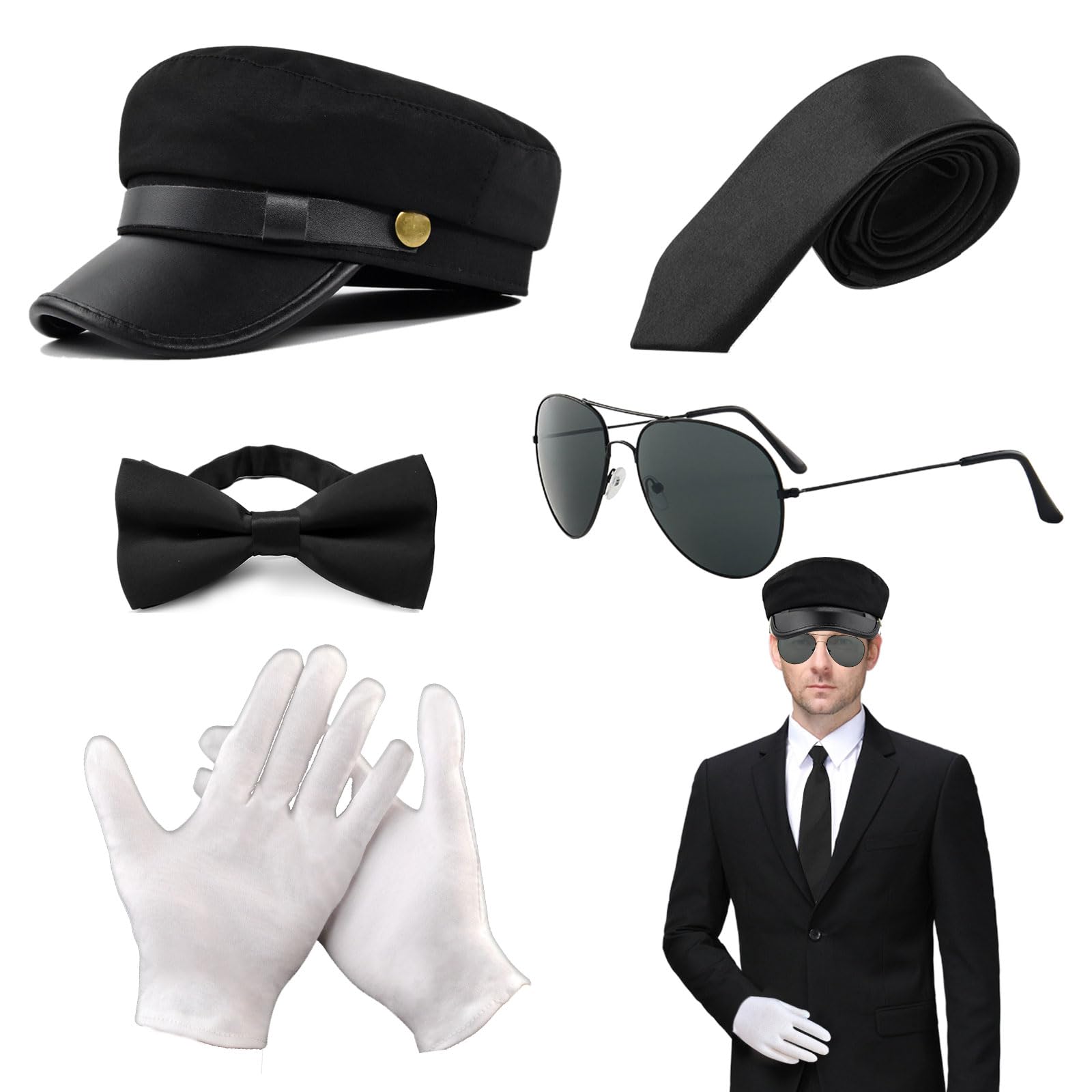 XNIVUIS 5 Pcs Pieces Chauffeur Costume Accessories Novelty Driver Costume Black Hat Sunglasses Bow Tie Gloves 1980s Gangster Biker Costume Accessories for Cosplay Theme Party (black, 58)