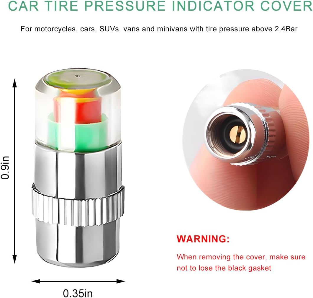 8PCS Tire Pressure Monitor Valve Stem Caps, 2.4 Bar 36PSI Pressure Monitor Stem Covers with 3-Color Eye Alert, Easy to Read Sensor Indicator Tire Valve Cap for Most Car Truck SUV (Silver)