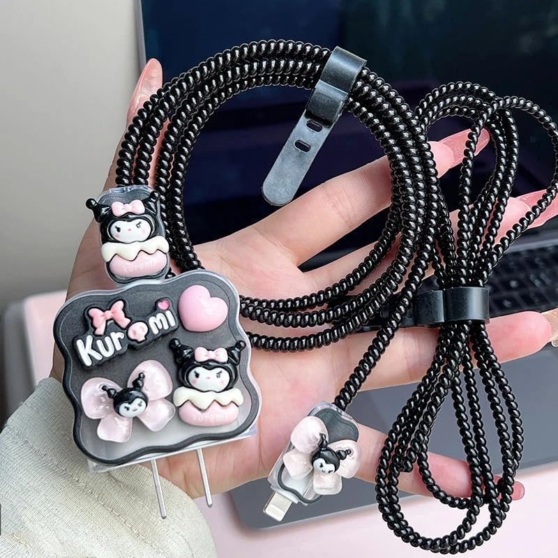 Image of Dezet for iPhone Charger 18-20W Cute Cartoon Charging Cable Protector Set for iPhone Fast Charging USB Cable with Protective Silicone Cover & Organizer Clip Stylish Design (KOROMI NEW 1)