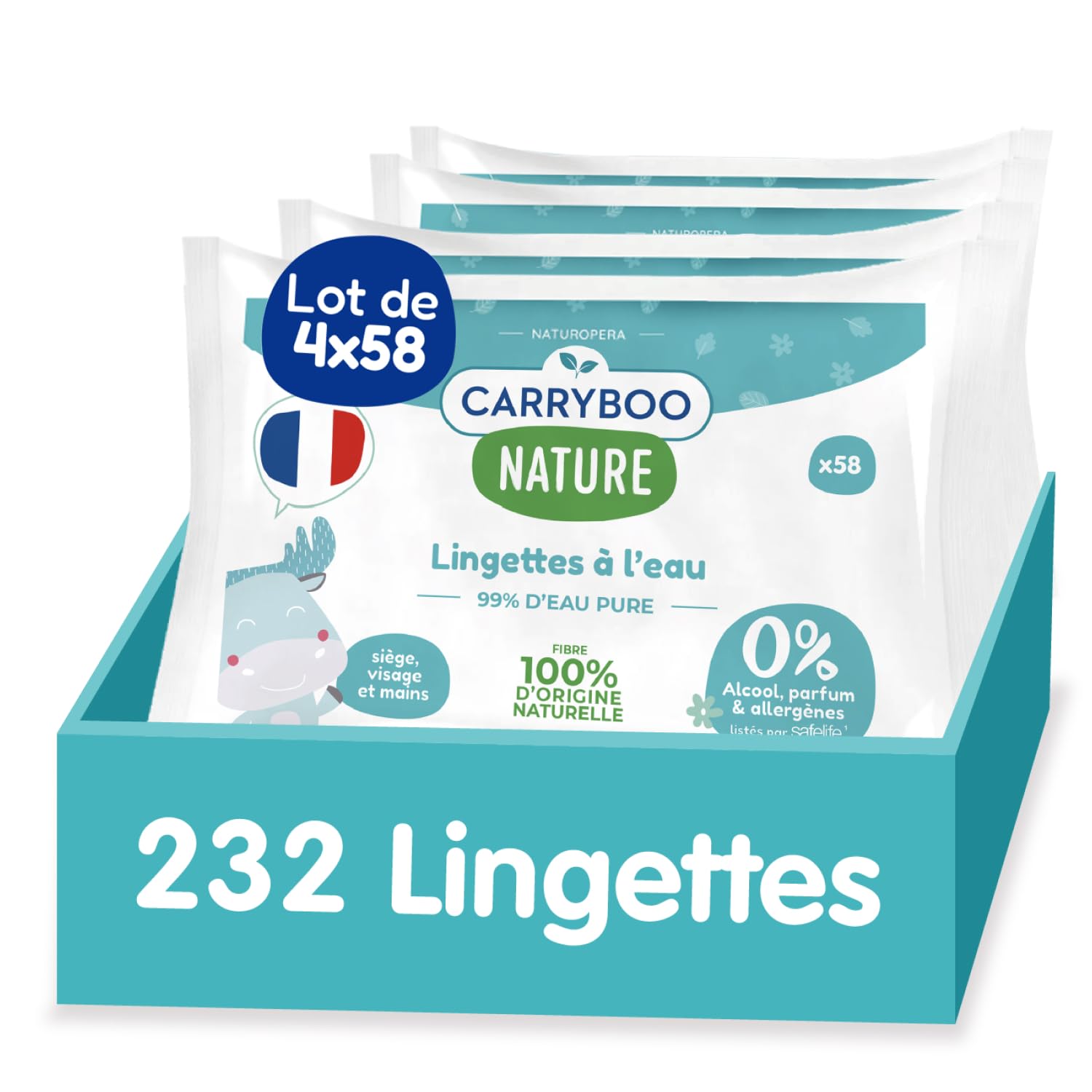 CARRYBOO - 4x58 Lingettes à l’Eau pure - Lingette Bébé Fibre 100% d'Origine Naturelle - Serviettes Nettoyantes Sans Allergènes - Soin Bébé Peaux Normales & Fragiles - 232