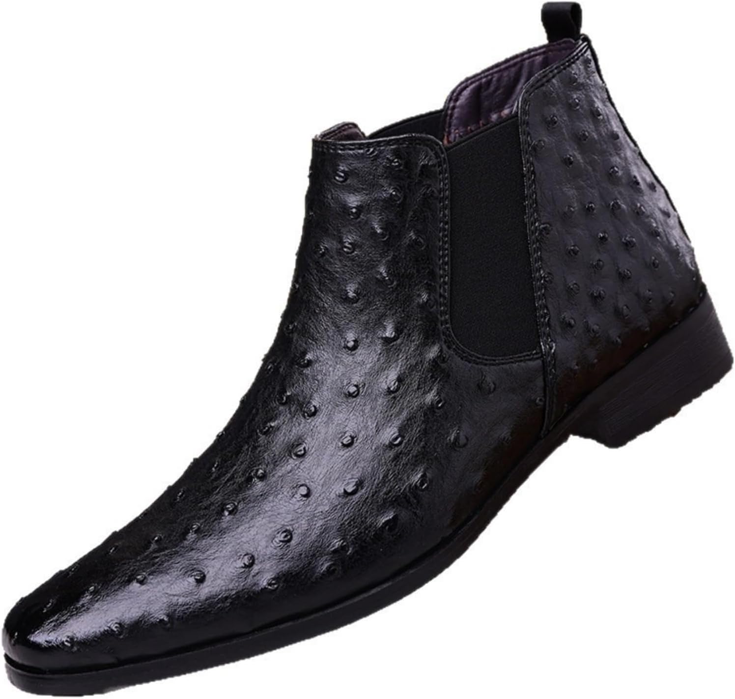 Men's Ostrich Patent Leather Pull-On Chelsea Boots Square Toe Low Heel Elastic Comfortable Soft Non-Slip Breathable Lightweight Casual Ankle Boots For Walking Driving Office Party Activities