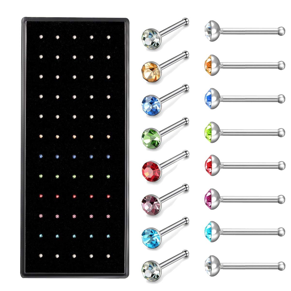 Evevil60pcs Small Nose Studs Stainless Steel CZ Nose Piercing Jewelry Tiny Bone Studs for Women Men Hypoallergenic 22G