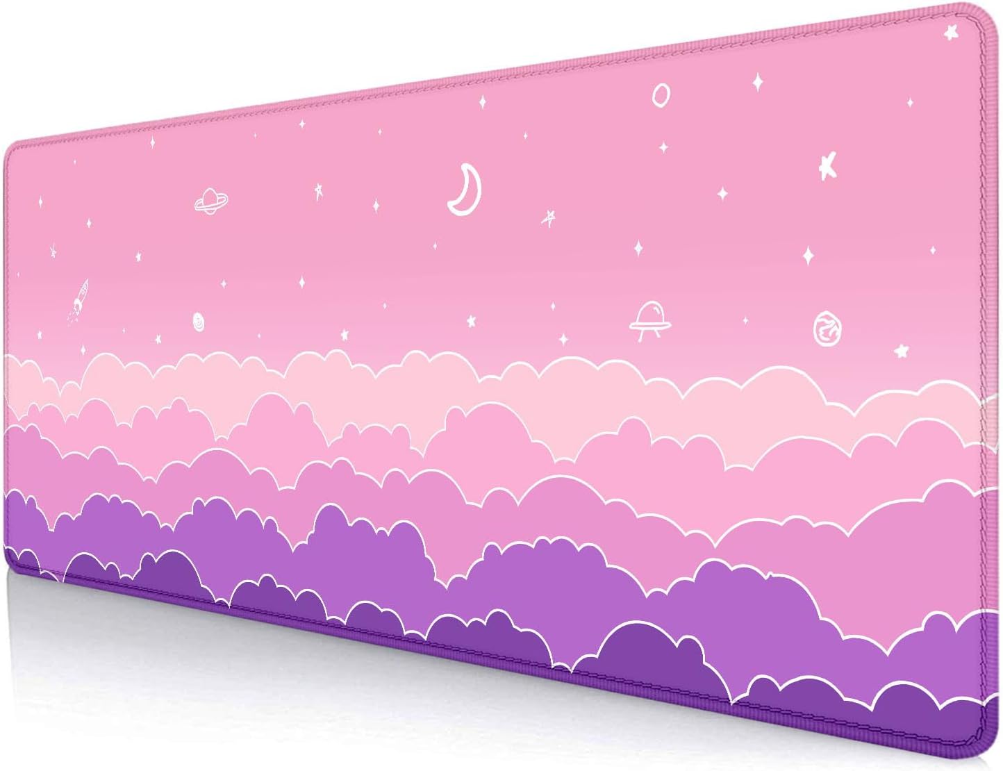 Cute Pink Desk Mat, Minimalist Large Gaming Mouse Pad Mousepad, Kawaii Anime Gaming Deskmat, Gradient Pastel Purple Clouds Computer Pad, Aesthetic Stars Moon Deskpad, 31.5 X 11.8 Inch