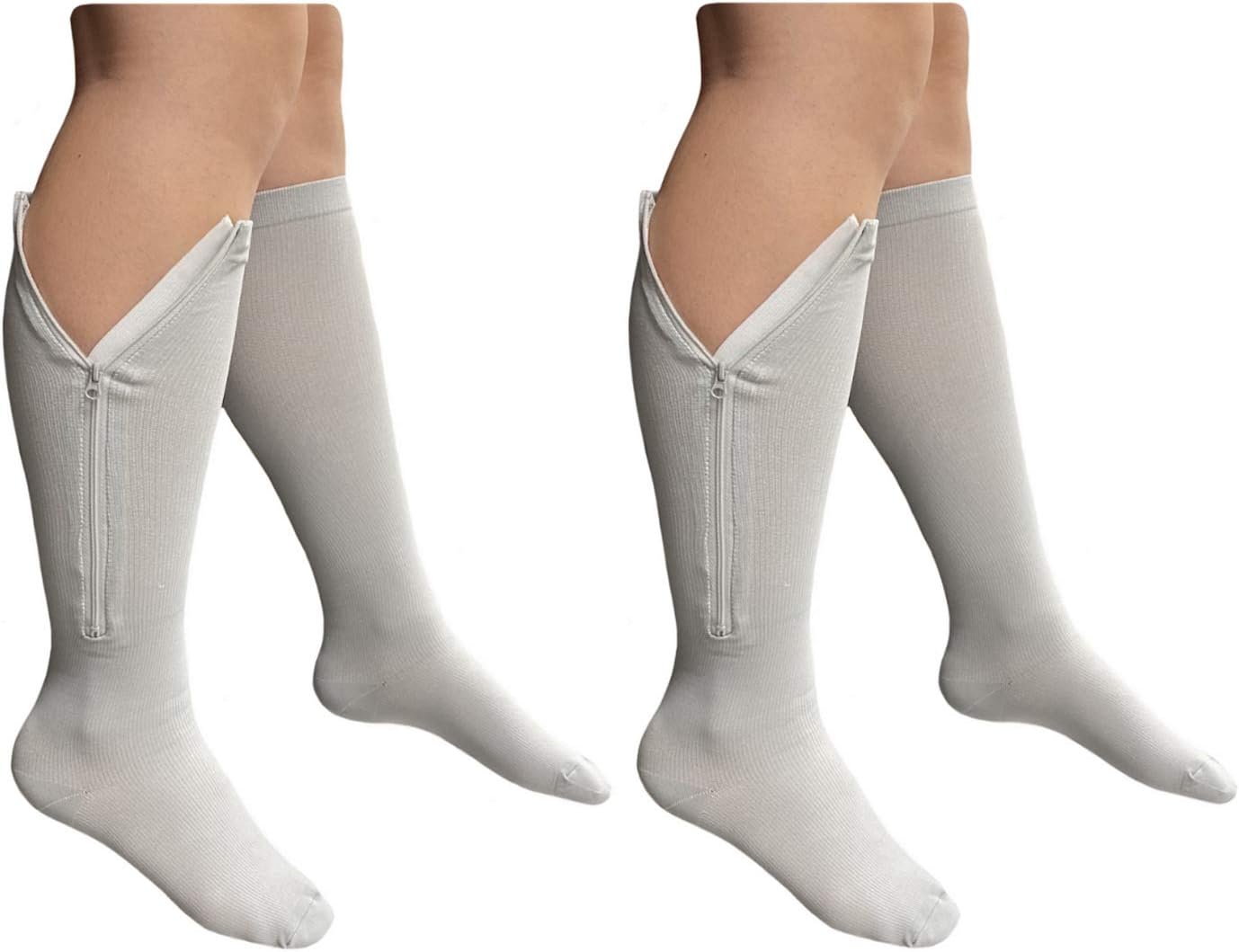 HealthyNees2 Pairs Set Combo Closed Toe 15-20 mmHg Zipper Compression Socks Leg Fatigue Calf Circulations Support Grey