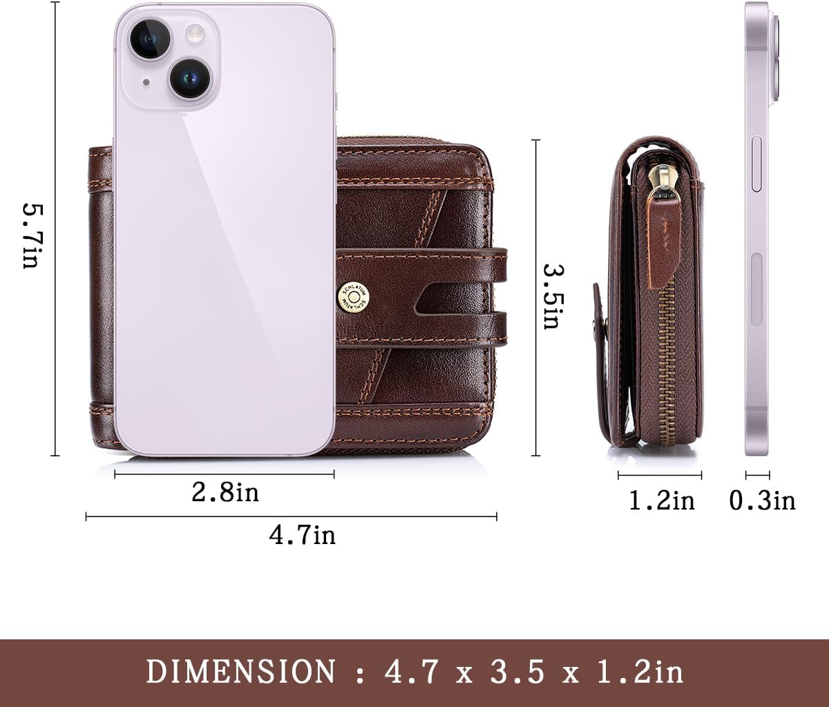 Men's Genuine Leather Zipper Wallet with Coin Pocket Large Capacity RFID Blocking Wallet for Men, Brown - Image 6