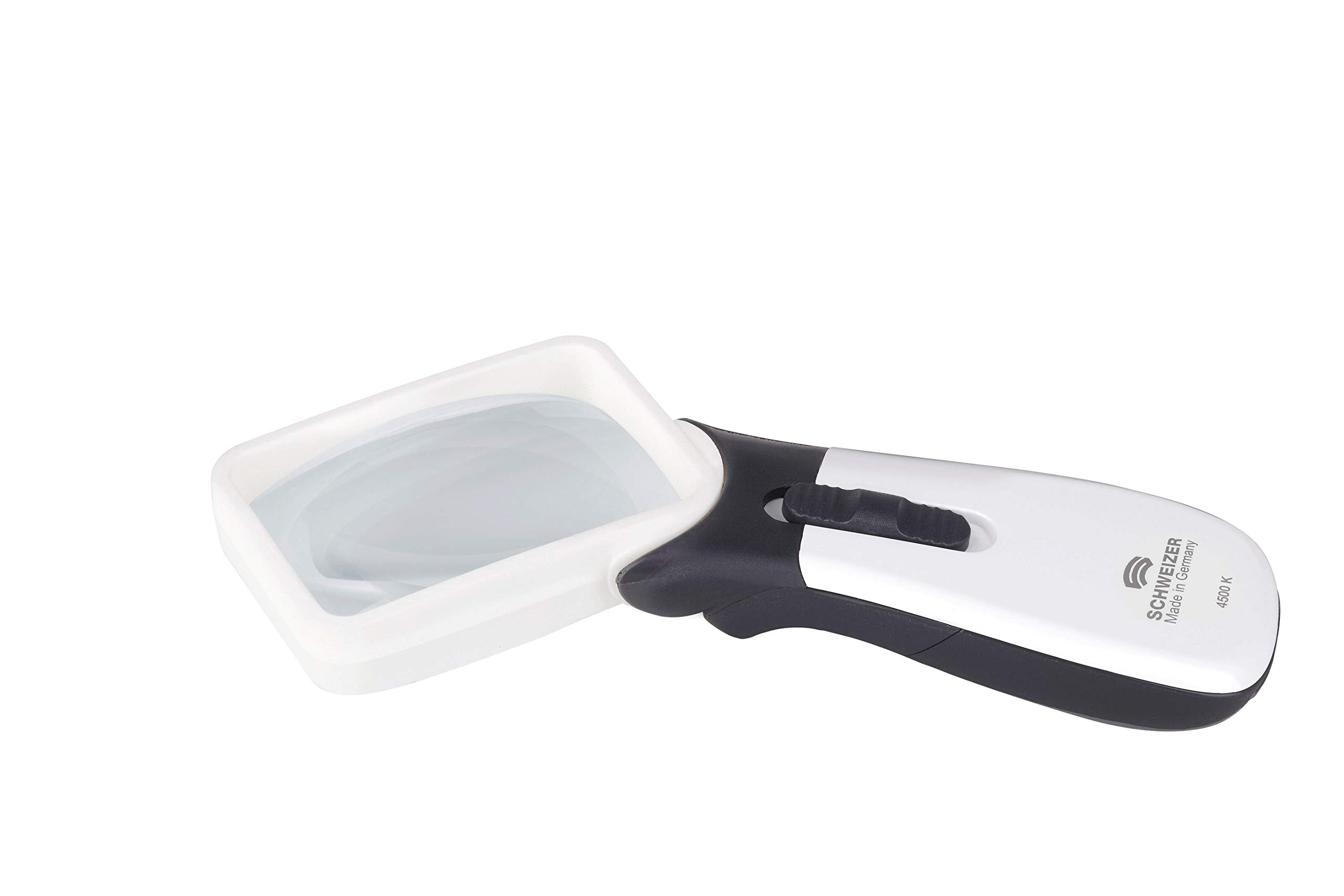 Lente d'ingrandimento da lettura con luce LED, Made in Germany, funzionamento a batteria, ingrandimento 3,5X (10D), asfera, lente 75 x 50 mm, per destrorsi, ad alto contrasto, 2 livelli di luminosità