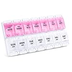 Sukuos AM PM Weekly Pill Organizer 7 Day, 2 Times A Day Medicine Pill Box with Easy Push Button, BPA Free Vitamin Cases for Fish Oil/Supplements (Pink&White)