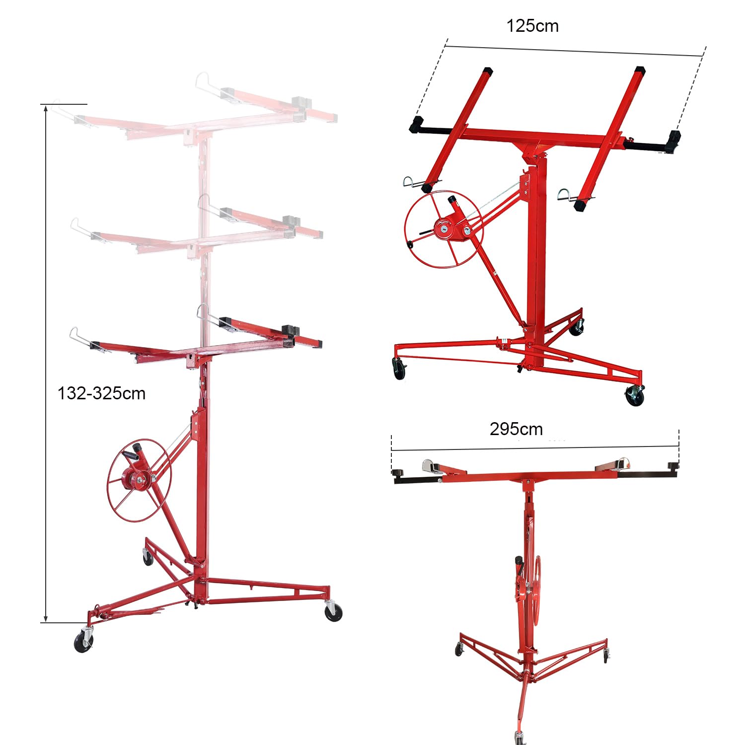 Alzacristalli XXL per lastre di cartongesso, altezza regolabile 132 – 325 cm, larghezza massima del braccio di carico 295 cm e carico di 68 kg, pieghevole, aiuto di montaggio per cartongesso