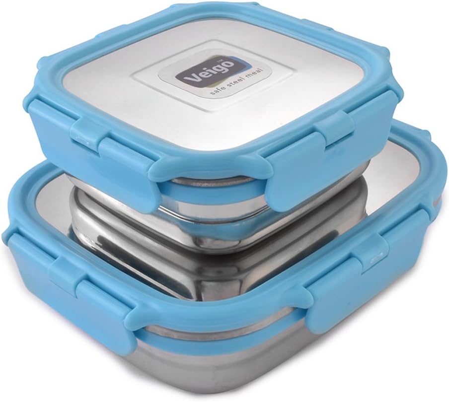 Premium Finish Lock N Steel 2 Pcs Container (2 Big), Airtight Leakproof Lunch Box Sleek & Compact Design Easy to Fit Into Any Bagpack Perfect for Office,School,Outdoor- Sky Blue 600ml+350ml