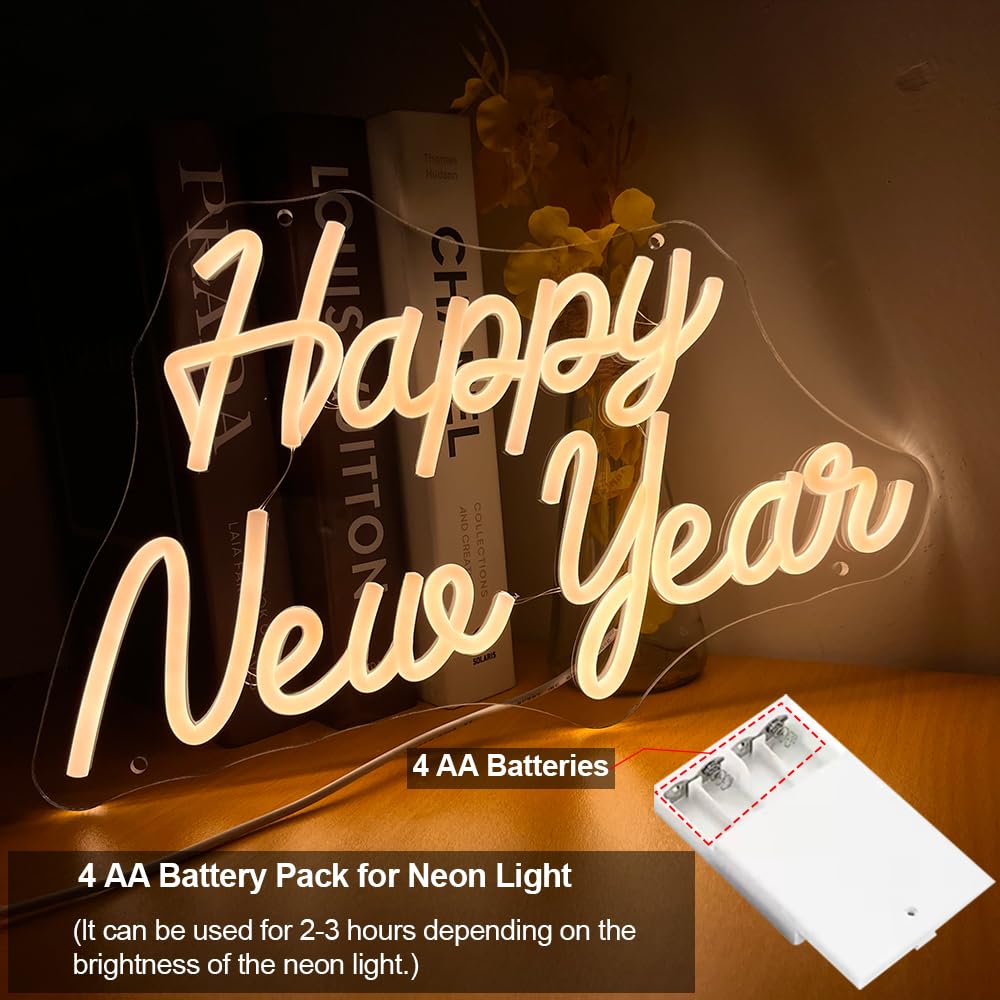 Neonowy znak "Happy New Year", zasilany bateriami, na Nowy Rok, dekoracja imprezowa, LED, szczęśliwego Nowego Roku, do domu, dekoracji ścian, sklepu, bożonarodzeniowych lampek okiennych