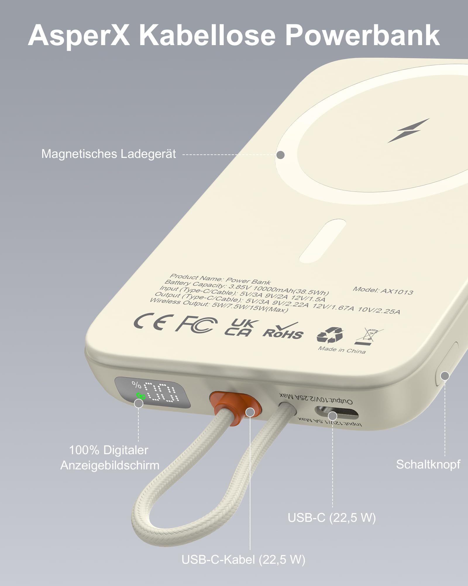 AsperX PD 22,5 W 10000 mAh Power Bank magnetico per MagSafe