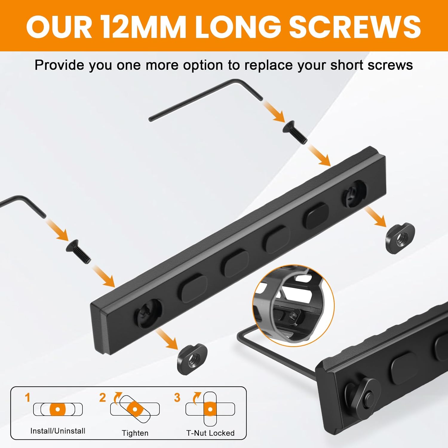 12 Set T-Nut and Screw Replacement Sets for M-Rails Mounting, Long Screws or Short Screws & T Nuts Picatinny Rail Accessories with 3 Allen Wrenches (12mm Long Screws-12 Pcs)