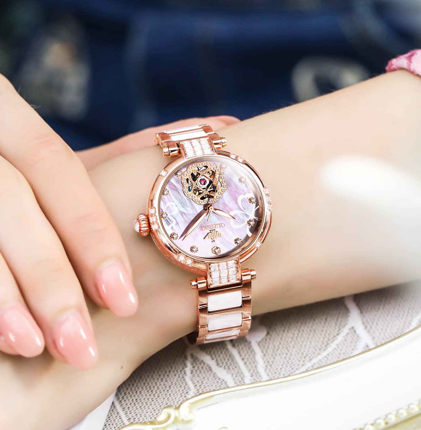 OUPINKE Reloj automático para mujer, con diamantes de cerámica, de oro rosa, elegante, con esqueleto, grabado, mecánico, automático, resistente al agua, luminoso, Banda de oro rosa y esfera rosa