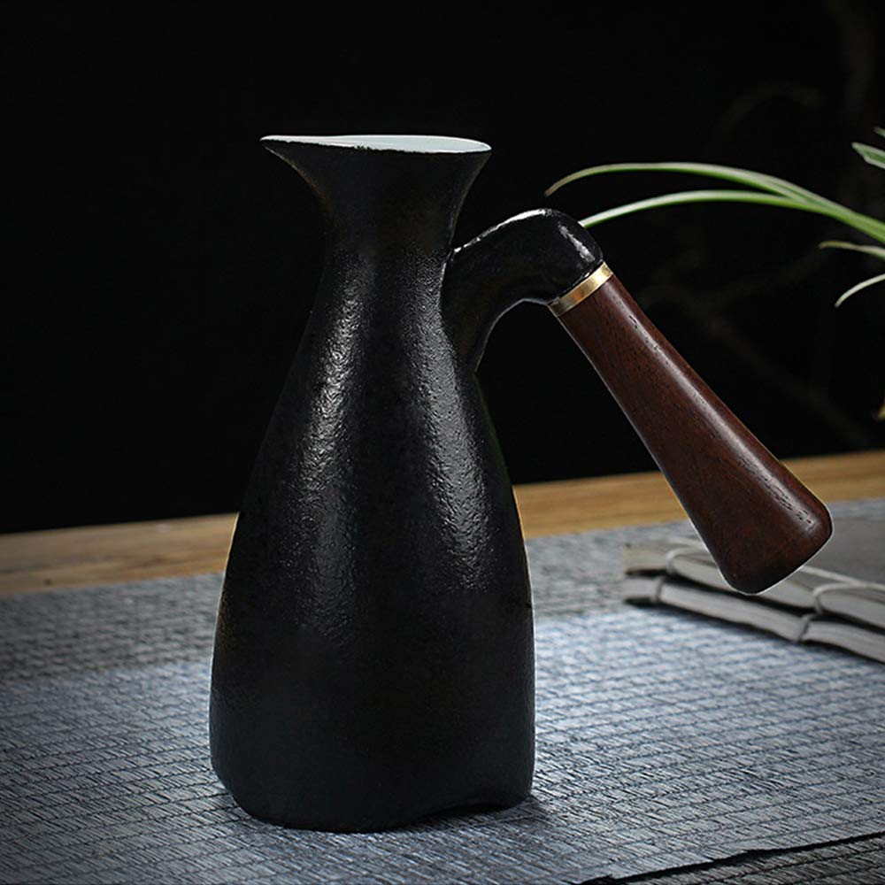 Juego de Sake japonés, Juego de Sake de Esmalte Negro de 7 Piezas con Calentador y Estufa de Vela, Mango de Madera antiescarcha para decoración del hogar Servicio de Sake Caliente/frío