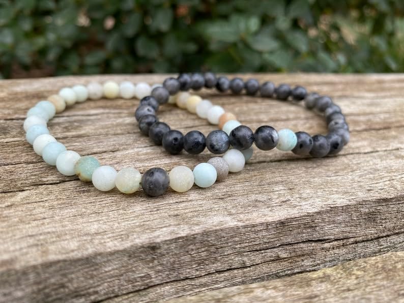 Bracelet couple labradorite amazonite perles lisses 6mm de qualité - 5