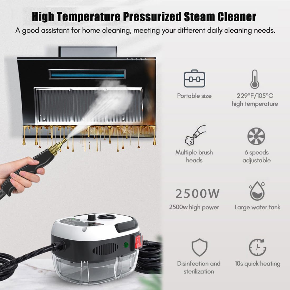 2500W Handheld High-Temperature Pressurized Steam Cleaner, 2500 watt steam cleaner machine with attachments - 6 Adjustable Steam Levels, 105°C High-Temperature for Kitchen, Car, Bathroom (Red)
