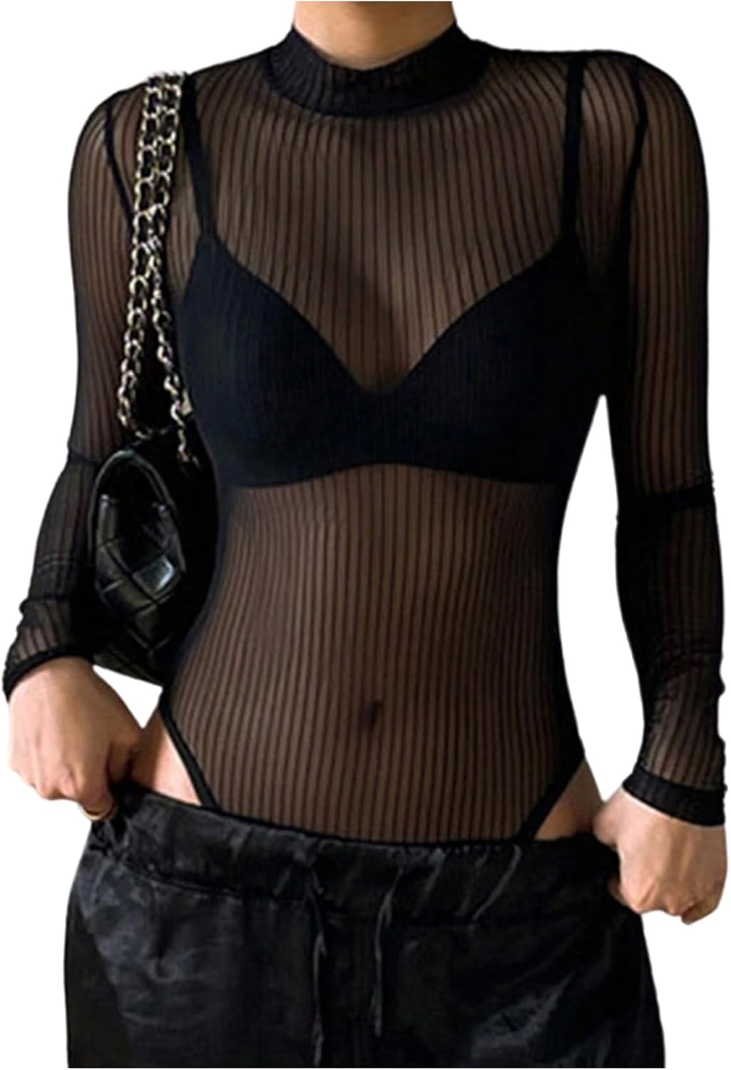 SHENHE Women's Long Sleeve Mesh Bodysuit Mock Neck Sheer Top Sexy Date Night Bodysuit Shirt