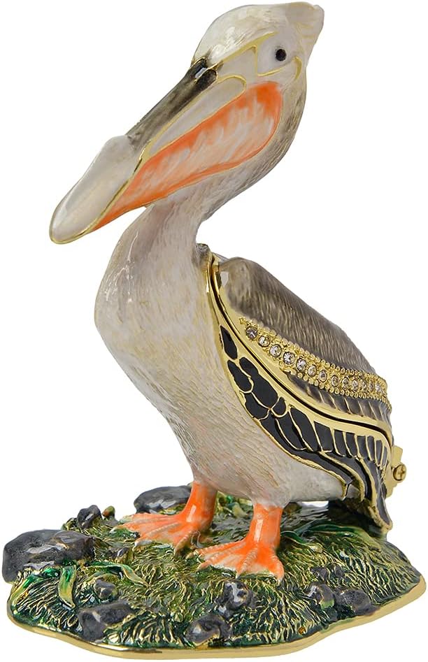 Golden Crystal Enameled Pelican Jewelry Box, Hand-Painted Hinged Bird Trinket Box, Elegant Home Décor & Unique Gift for Bird Lovers