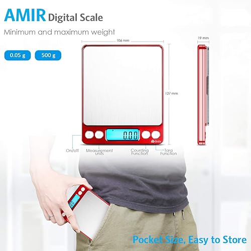 Miniatura 6 de AMIR Báscula digital de cocina mejorada, 17.76 oz de bolsillo para joyas, báscula de alimentos para cocinar con pantalla LCD retroiluminada, 2