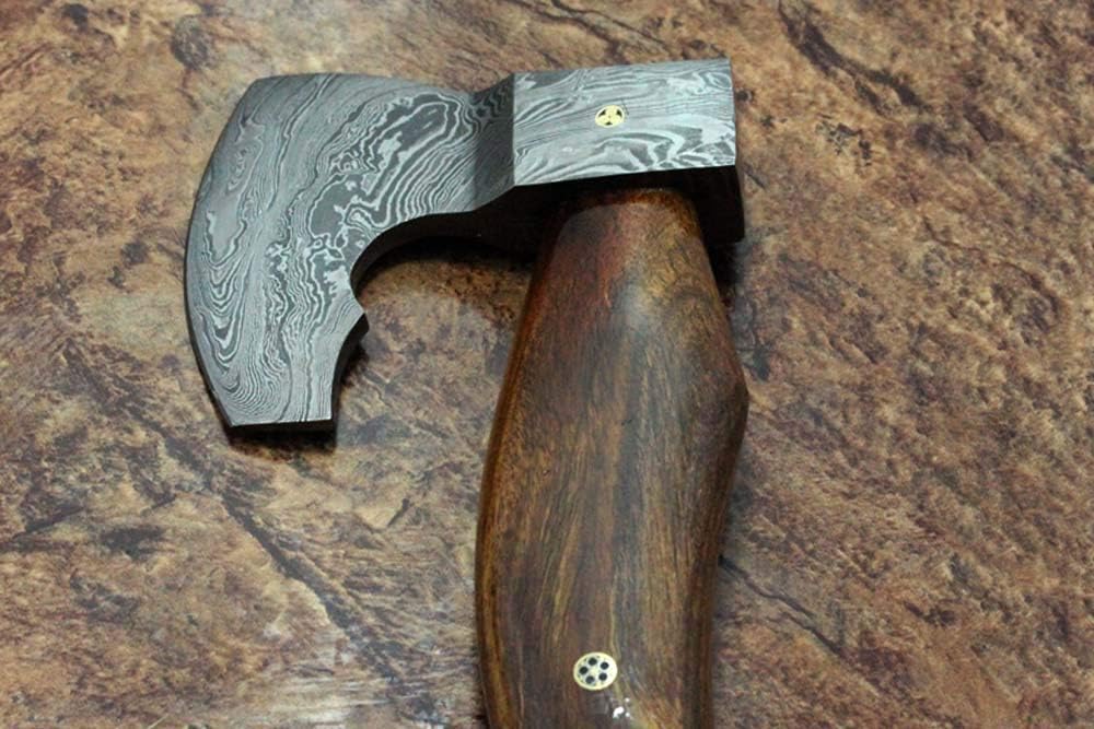 Damascus Steel Bearded Hiking Tomahawk Axe Battle axe16 Inches Long Hand Forged with Rose Wood Round Handle, Large 5" Cutting Edge, Thick Cow Hide Leather Sheath