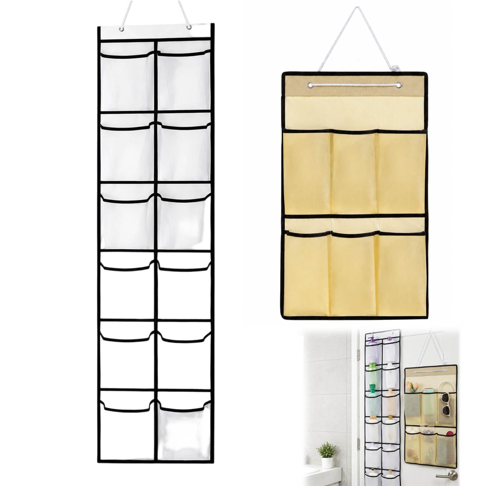 WORUIB Two-Pack Hanging Shower Caddy, Vertical Storage Solution for Compact Living Spaces,Over Door Storage Bags with Mesh Pockets for Bathroom Bedroom Kitchen Office Organisation