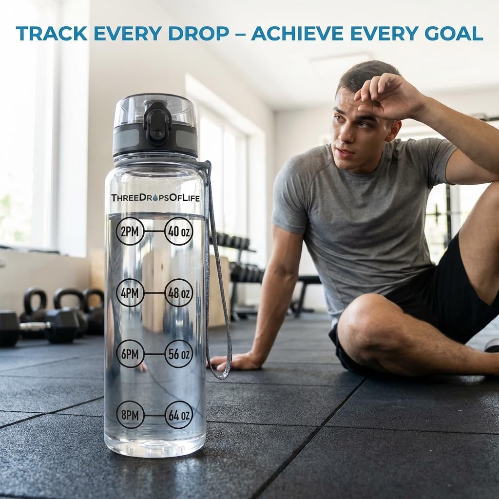 Three Drops of 32oz Hydration Tracking Bottle, Clear Sports Measurement Container, Measuring Water Intake, H2o Bottle To Track Daily Water Intake with Time Stamps