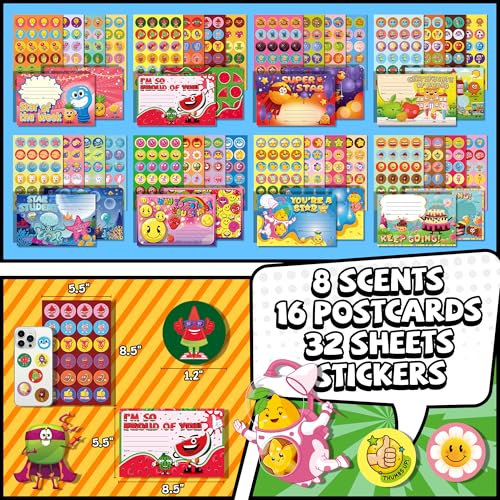 HORIECHALY Scented Stickers with Award Certificates for Kids, 32 Sheets Scratch and Sniff Stickers & 16 Reward Cards for School, 8 Scents Smelly Motivational Awards Kit for Teachers, Parents, Students