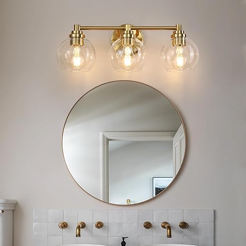 Miniatura 6 de Lámparas de baño de 3 luces, moderna lámpara de tocador con pantalla de cristal de globo, luces de baño doradas cepilladas sobre el espejo, luces de