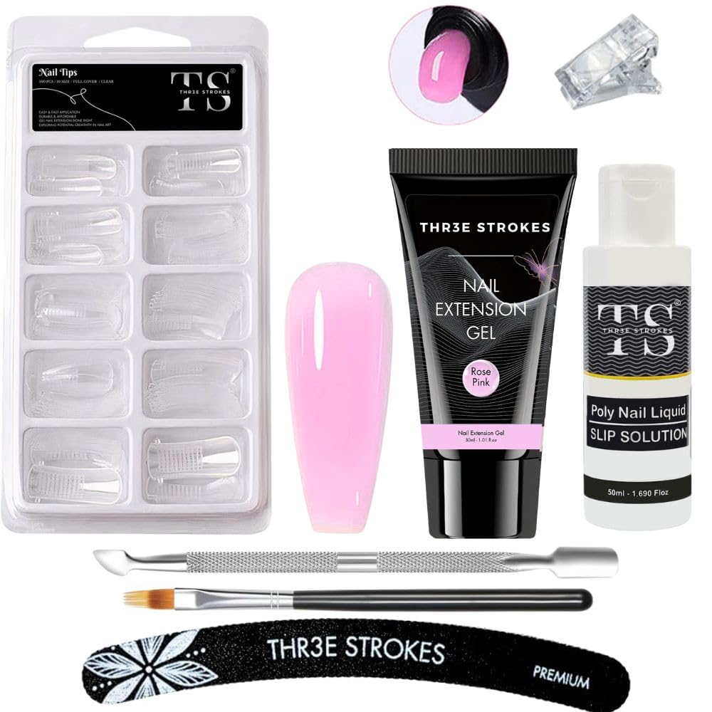 THR3E STROKES PolyGel Nail Extension Kit, Rose Pink, 30ml PolyGel, 1 Gel Brush, Cuticle Pusher, Nail File, Clip, 30ml Slip Solution-image-37