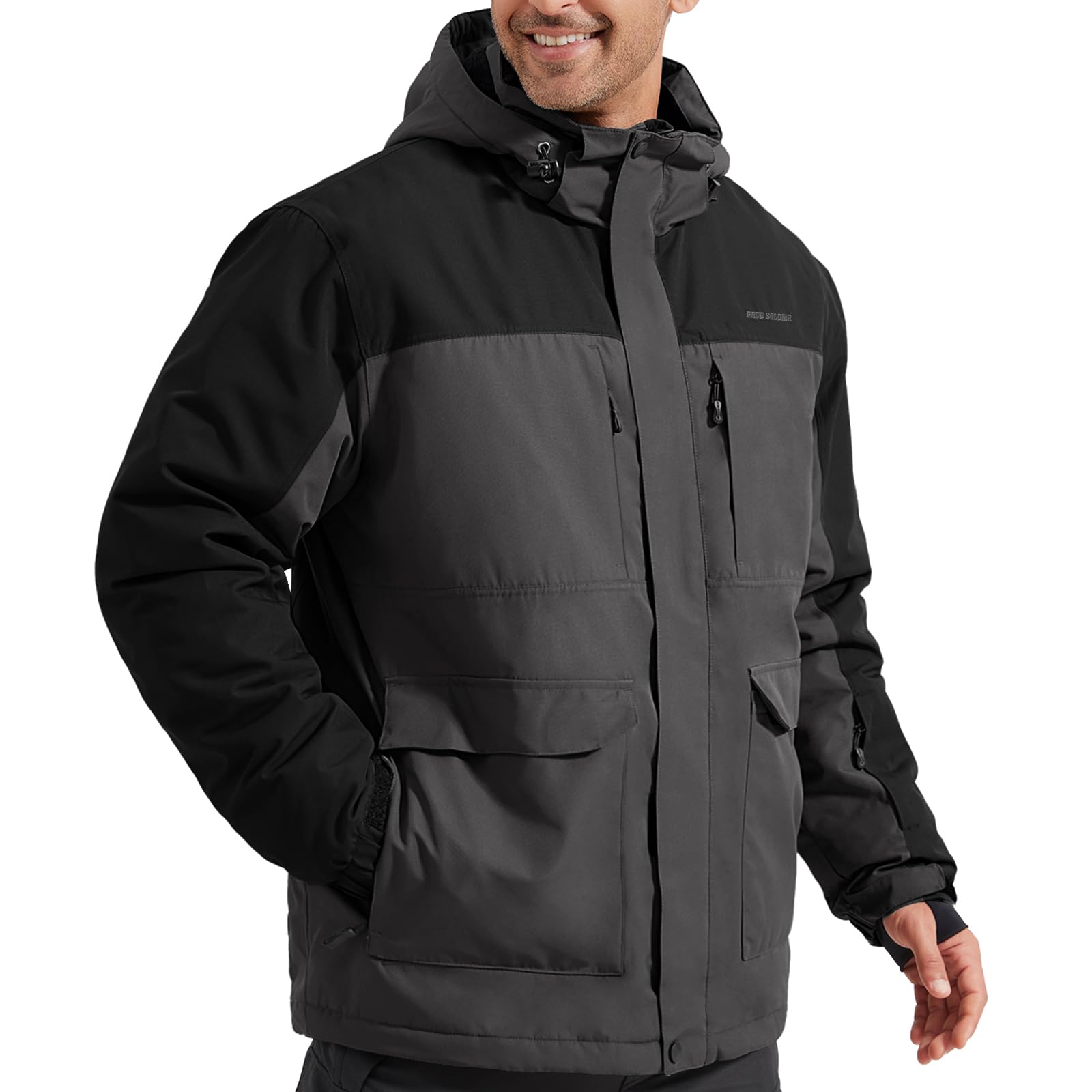 FREE SOLDIER Chaqueta de esquí impermeable para hombre con forro polar cálido cuello de nieve de invierno con capucha y costuras totalmente selladas