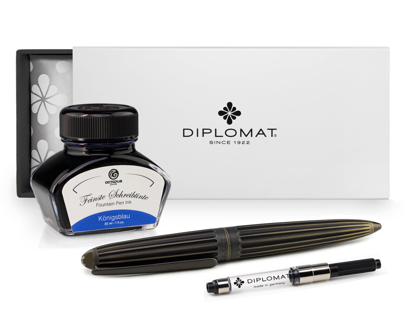 Diplomat Aero Füllhalter-Set Oxyd Messing, Octopus Tinte und Konverter | Metallfüllhalter mit Edelstahlfeder M, 30 ml Octopus Tinte Königsblau und Tintenkonverter