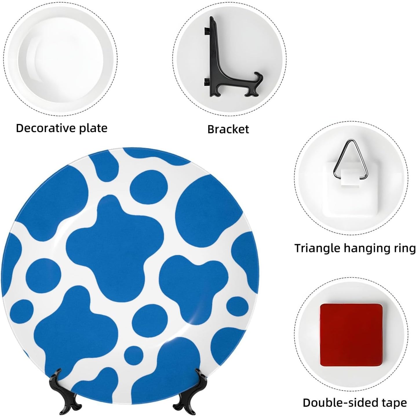 Blue Cow Print 10 Inch Decorative Plate With Stand, Elegant Display Wall Plate For Home Decor
