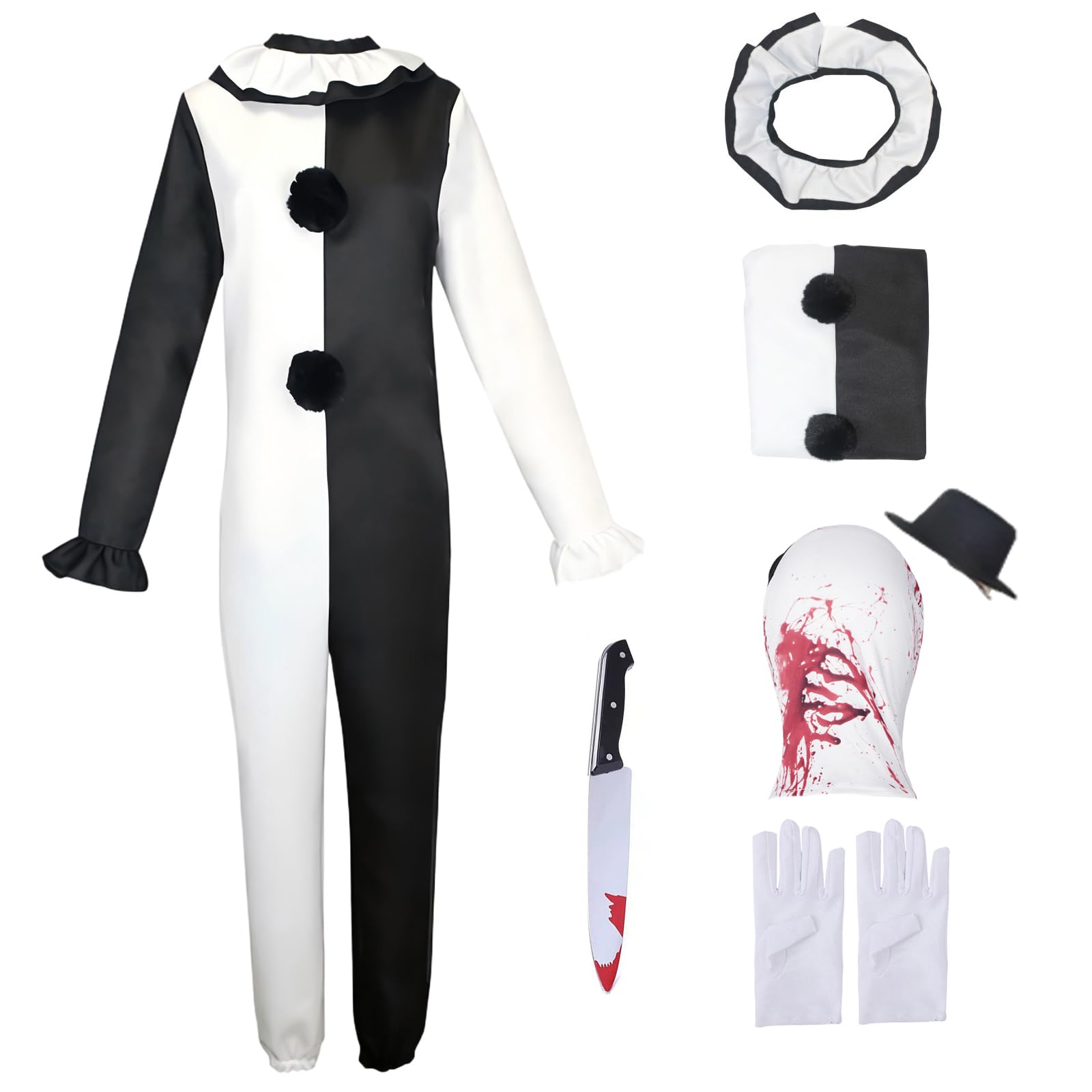 Men Clown Costume Black White Jumpsuit Halloween Horror Cosplay Suit