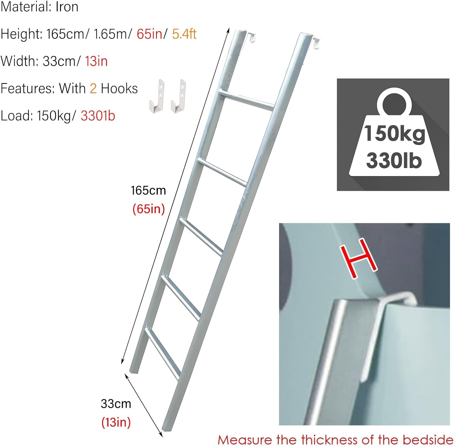 Bed Ladders for High Beds, Apartments Dorm Metal Rv Bunk Ladder for Travel Trailers Raised Loft Bed, 150 170 180 cm Hooked Climbing Ladder Adjustable,Black-1.65m/65 inch