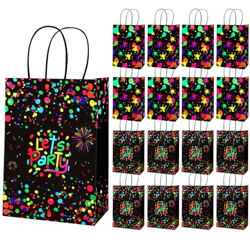 Neon Party Deko Geschenktüten Kindergeburtstag, 16 Mitgebsel Tüten mit Henkel, Glow in the Dark Geburtstagstüten Mitgebsel Kinder, Papiertüten Klein für Neon Fasching Geburtstagsdeko Partytüten