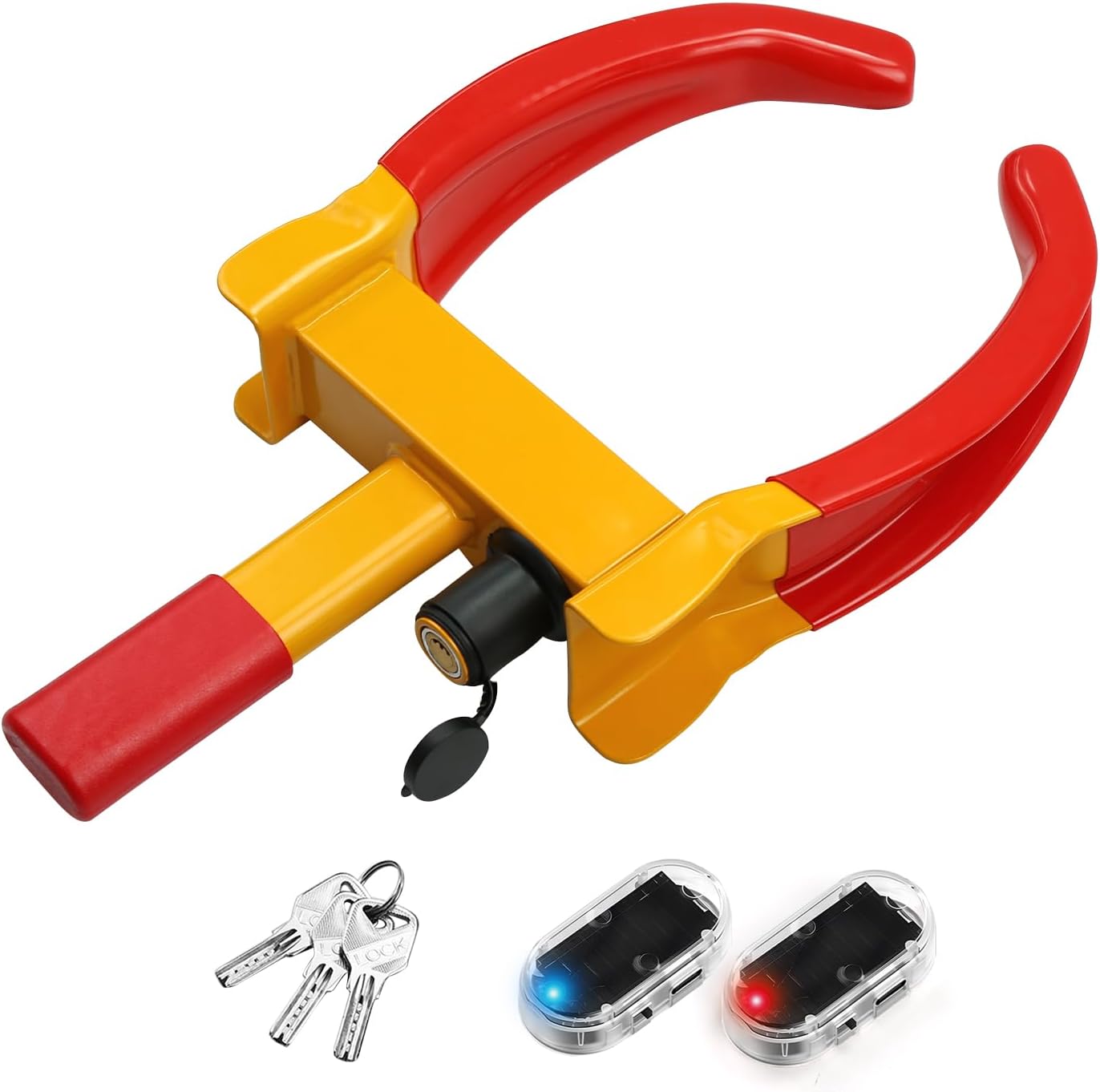 Universal Wheel Lock and Anti-Theft LED Flashing, Heavy Duty Trailer Lock Wheel Camper,Adjustable Anti-Theft Wheel Locks for Cars, 3 Keys and 2pcs Car Solar Power Simulated Dummy Alarm