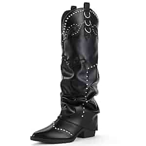 Amazon.com | IDIFU Black Fold Over Cowboy Boots for Women