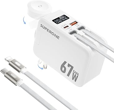 SUPERONE 67W Retractable Wall Charger with USB-C and Apple Cables 5-in-1