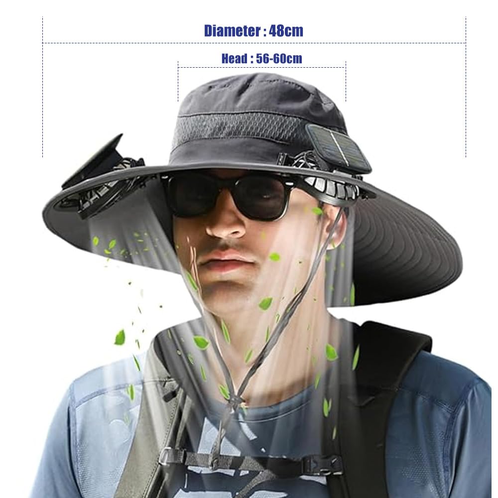 Chapeau de Soleil, Chapeau de Pêche avec 2 Ventilateur Solaire, Chapeau de Fan Solaire à Bord Large, Générique Chapeau de Fan Solaire pour Activités de Plein Air comme la Randonnée Jardinage