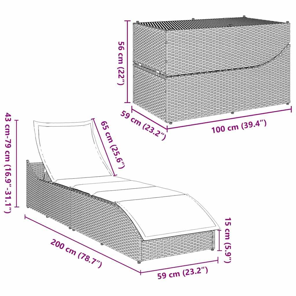 vidaXL Klappliege mit Auflage und Stauraum Braun Poly-Rattan