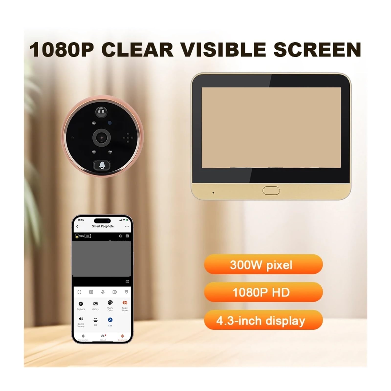 Sonnette antivol Wi-FI, interphone bidirectionnel, Sonnette vidéo, détection de Mouvement PIR, Judas, Surveillance à Distance, visionneuse Porte numérique Grand Angle(Peephole)
