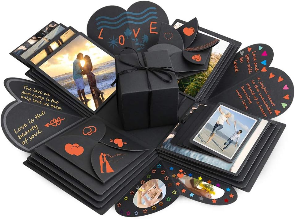 Explosion Box, Komake Surprise Box, DIY Scrapbook with Small Gift Box, Handmade Photo Albums for Christmas/Valentine/Anniversary/Birthday/Wedding (Black)