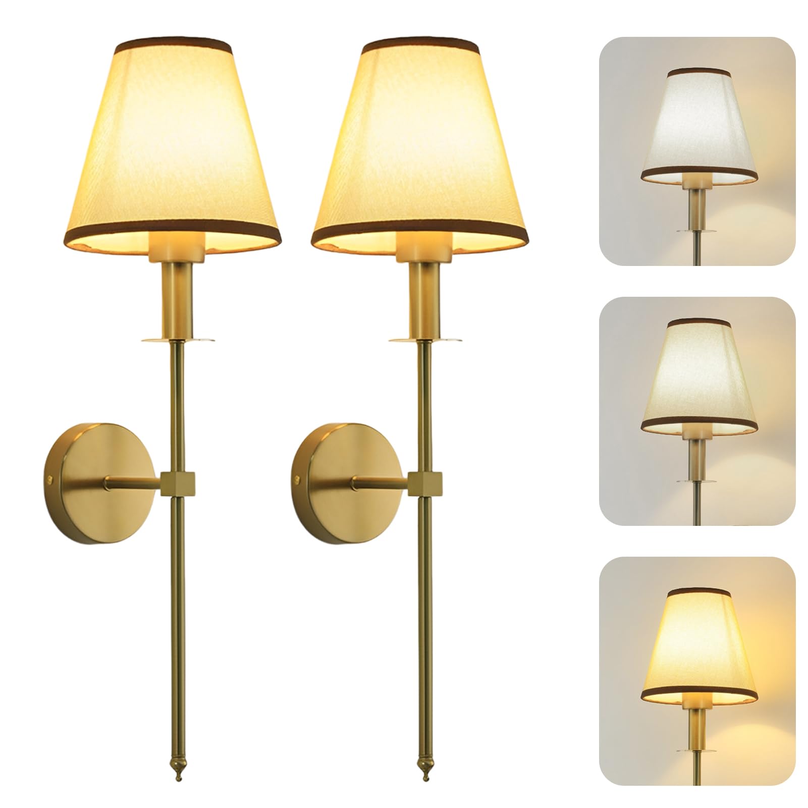 VAODO Wall Sconce Set of 2, Retro Industrial Wall Lamps, Dimmable, Warm White/Natural White/Daylight, with Flax Fabric Shades, Wall Lighting for Bathroom, Bedroom, Living Room, Kitchen, Corridor