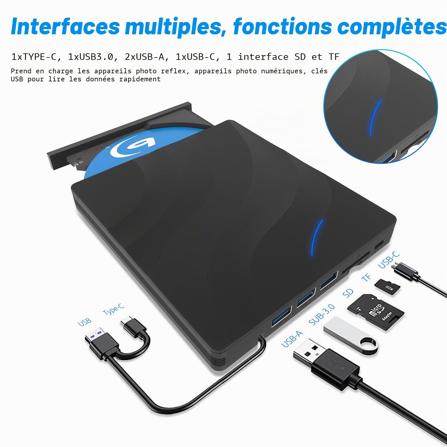 USB 3.0 Type-C Lecteur blu Ray 4k,Portable Externe Lecteur Blu Ray Externe7 en 1, Lecteur Blu-Ray Externe,3D CD DVD Graveur Optical Bluray Drive pour PC Windows 11 10 8 7