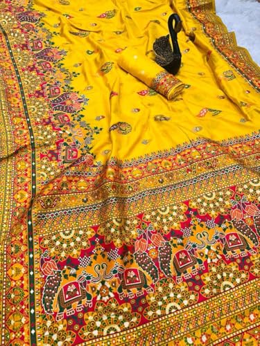 Image of SWORNOF Women's kanjivaram banarasi silk saree for Patola festival Wedding silk with rich pallu Design sarees for women with blouse piece