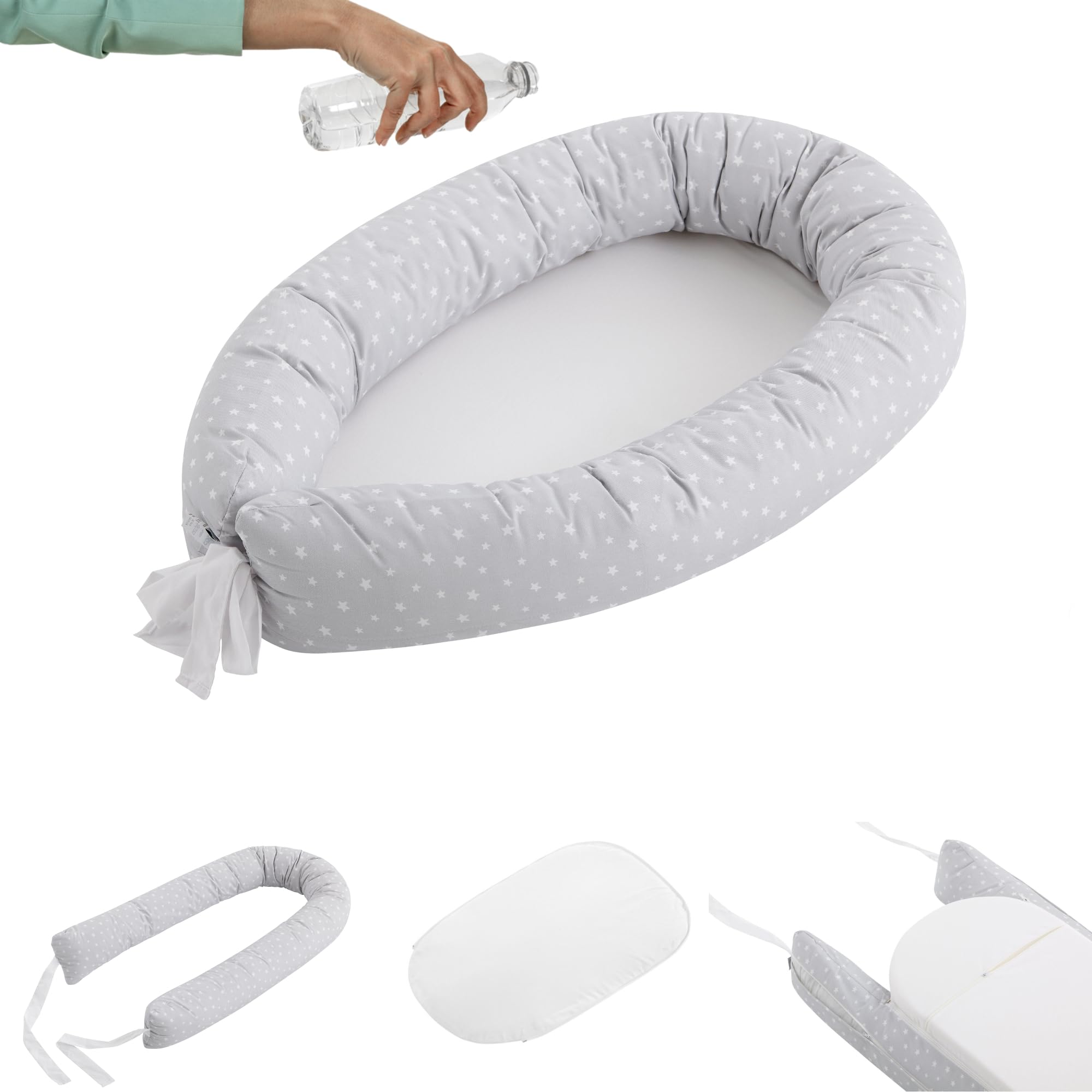 COOL · DREAMS - poduszka gniazdowa z wodoodporną podstawą dla noworodka 100% hipoalergicznej bawełny. Certyfikat Oeko-Tex (Moon Amour Grey)