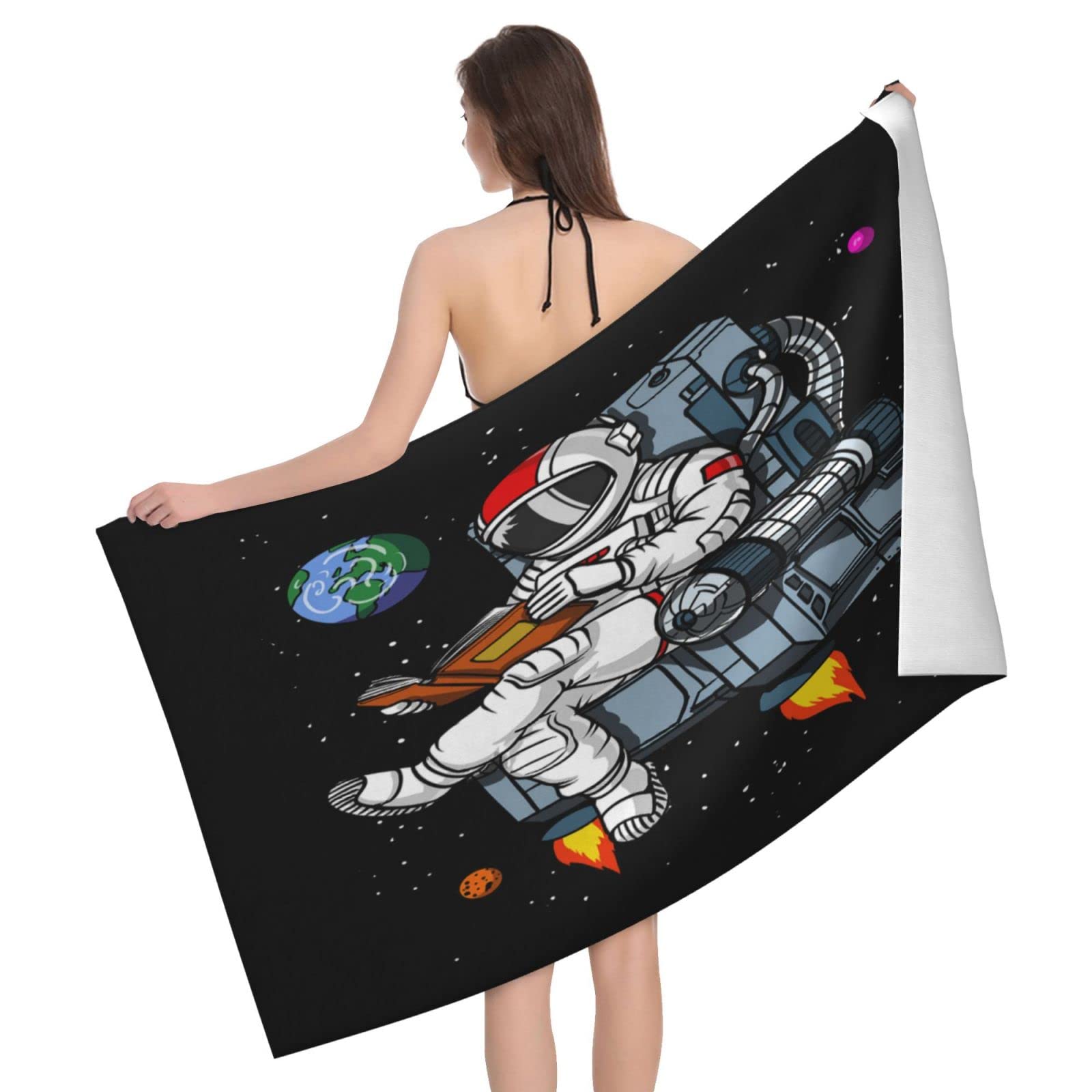 Lawenp Galaxy Astronaut Book Reading Beach Towel, Lightweight Sand Free Quick Dry Microfiber Absorbent Bath Towel for Kids, Adults, Swimming, Bath, Yoga, Pool, Travel, Camping 32"X52"
