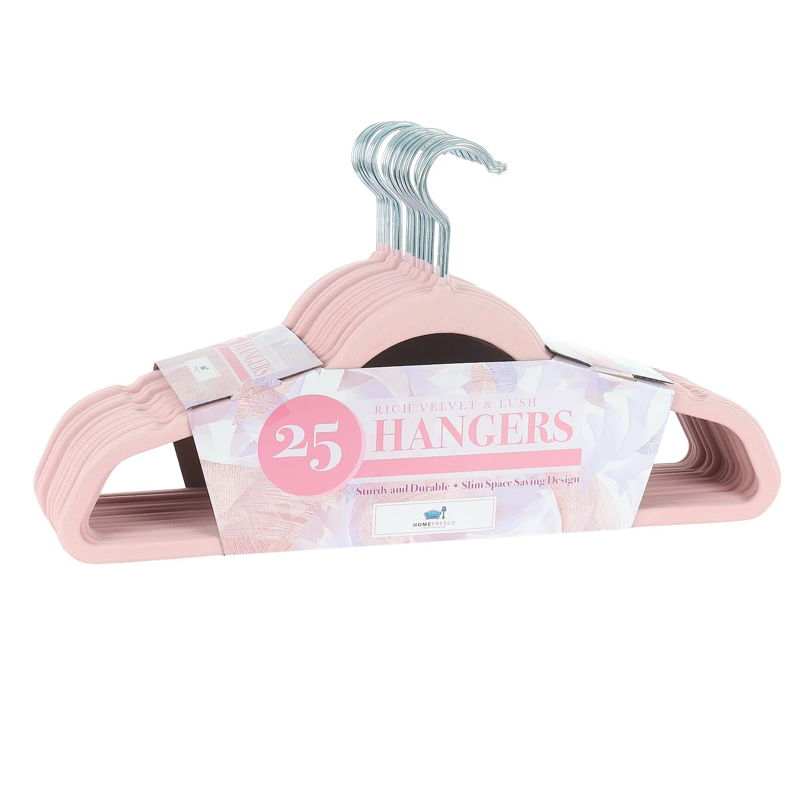 Premium Velvet Hangers - 25 Pack Ultra Slim Space Saving Coat Hangers in Pink with Swivel Hooks, Non-Slip Surface, Curved Edges Preserve Clothing Shape, shark skin-like texture.